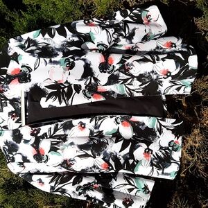 Lane Bryant Black/White Floral Open-Front Jacket W/ Coral & Teal Accents 18/20
